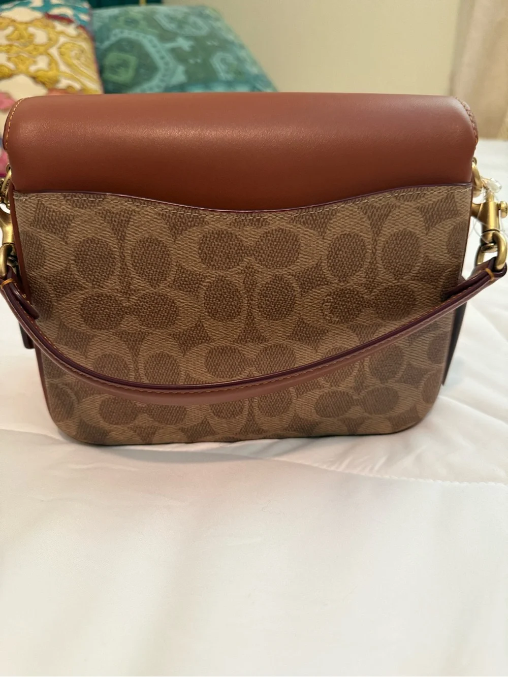 Coach Brown Leather & Signature Canvas Turnlock Shoulder Bag with Wallet